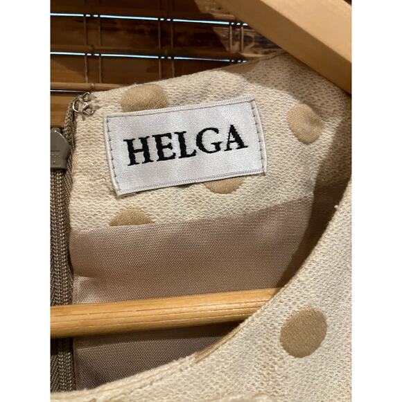HELGA Vintage Dress, Tan White Polka Dot, Short Sleeve, Lined, Thick, Large (?) - Picture 3 of 9